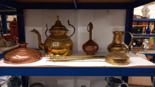 A selection of brass & copper including chestnut roaster, foot warmer & brass kettle etc.