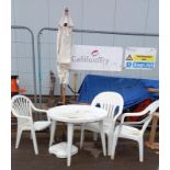 A plastic garden table with parasol, 2 chairs & 1 other, COLLECT ONLY