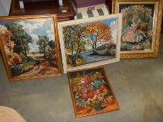 Four framed tapestry/woolwork pictures. COLLECT ONLY