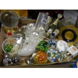 A tray of miscellaneous including paperweights, cruets, marbles etc.,