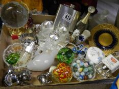 A tray of miscellaneous including paperweights, cruets, marbles etc.,