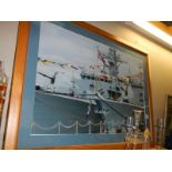 A large pine framed print of a battle ship, COLLECT ONLY.