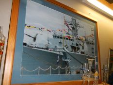 A large pine framed print of a battle ship, COLLECT ONLY.