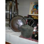 A Victorian copper kettle and a warming pan, COLLECT ONLY.