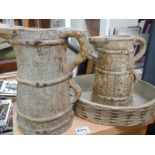 Two vintage Hillstonia stoneware jugs and a bowl.