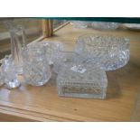 A mixed lot of glass ware including fruit bowl, butter dish, knife rests etc.,
