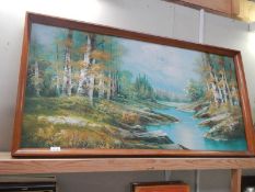 A large oil on canvas mountain/woodland divided by a river scene, COLLECT ONLY.