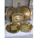 A quantity of vintage brass trays including crumb tray. COLLECT ONLY.
