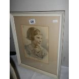 A vintage framed drawing of a young girl, COLLECT ONLY.