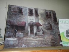 A large unframed print on canvas of an Italian cafe'. COLLECT ONLY.