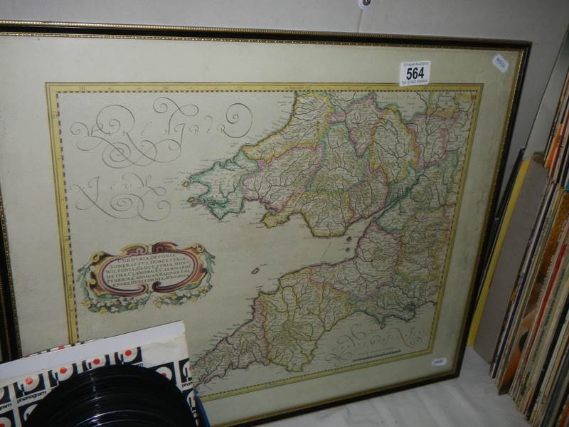 A framed and glazed map of South Wales, Devon and Cornwall, COLLECT ONLY.