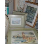 A quantity of framed prints including bridges and streets, COLLECT ONLY.