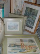 A quantity of framed prints including bridges and streets, COLLECT ONLY.