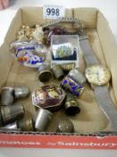 A tray of miscellaneous items including thimbles & watch etc.