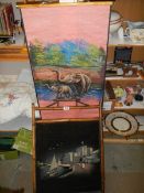 A painted scroll featuring elephants and a painted bamboo screen, COLLECT ONLY.