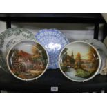 Two country scene collector's plates, two other plates and a flan dish.