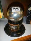 A rare bowling trophy in the shape of a ball on stand, 1934.