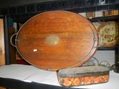 A large oval tray with brass gallery etc.,