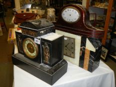 Two slate clocks and a wooden clock, COLLECT ONLY.