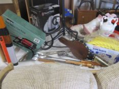 A mixed lot including boxed foot pump, tow rope, bellows etc