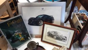 2 framed Lotus Exige prints and a Jim Clark museum exhibition print