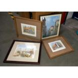 A Framed Watercolour Possibly Venice and 3 Prints of Cottages and Church