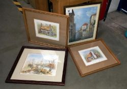 A Framed Watercolour Possibly Venice and 3 Prints of Cottages and Church