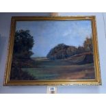 A gilt framed oil on board signed HGB 73 of open land between trees.