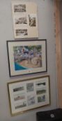 2 framed postcard size Montage's and a print of a fishing village