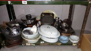 A Shelf of kitchenalia Including Enamel Rotary Pot etc