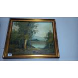 A gilt framed oil on canvas of wooded lake signed Samuel