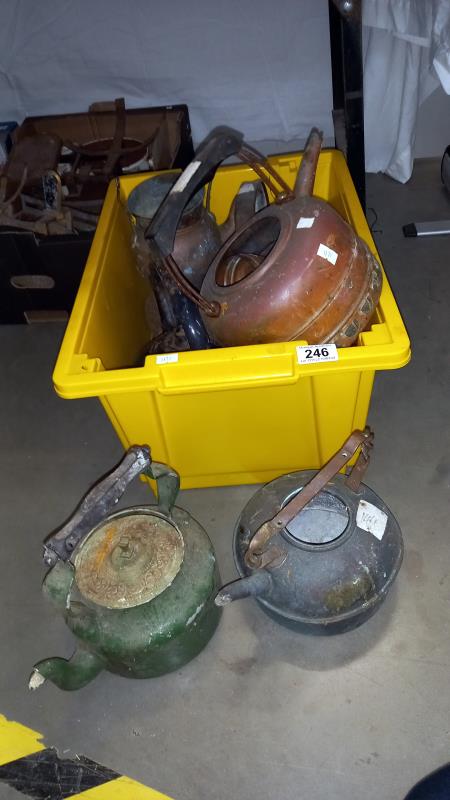 A quantity of kettles including copper and a cast iron glue pot etc