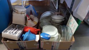 Two boxes of assorted kitchen cooking bowls including Pyrex