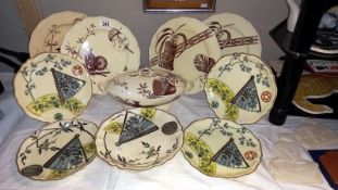 A collection of aesthetic movement plates, tureen including poultry dish and steamer