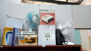 A quantity of miscellaneous electrical items including fans, iron & kettle etc.