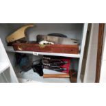 2 shelves of old tools including industrial stapler & vice etc.