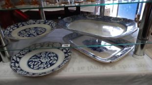 2 Blue and White Meat Plates and two Booths Plum Blossom plates