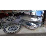 2 Blue and White Meat Plates and two Booths Plum Blossom plates