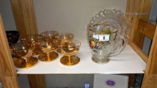 A Set of Six Gilded Glass Fruit Bowls, a fruit decorated water jug and a glass plate.