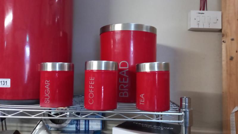 A Red kitchen waste bin storage container, kettle and storage canisters. - Image 2 of 4