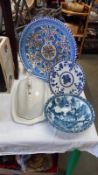 A Chinese blue and white bowl, Minton plate, white cheese dish