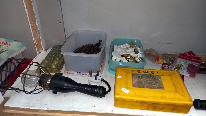 A cash box with keys, drill bits, accessories, new window kit, work boots size 10 etc (2 shelves) - Image 4 of 5