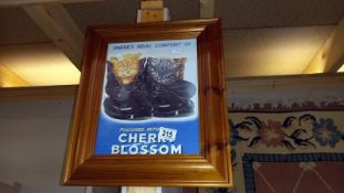 A pine framed Cherry Blossom advertising print of cats