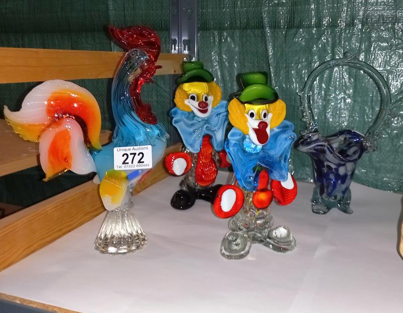 2 Murano glass clowns, cockerel and a coloured glass basket vase all A/F