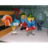 2 Murano glass clowns, cockerel and a coloured glass basket vase all A/F