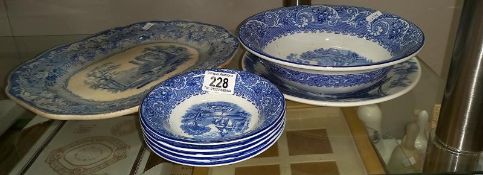 A Johnson Bros tower bridge plate, blue and white meat plate and bowls