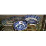 A Johnson Bros tower bridge plate, blue and white meat plate and bowls