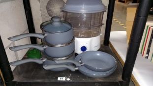 A set of 3 Saucepans with Lids and 2 Frying Pans - all new