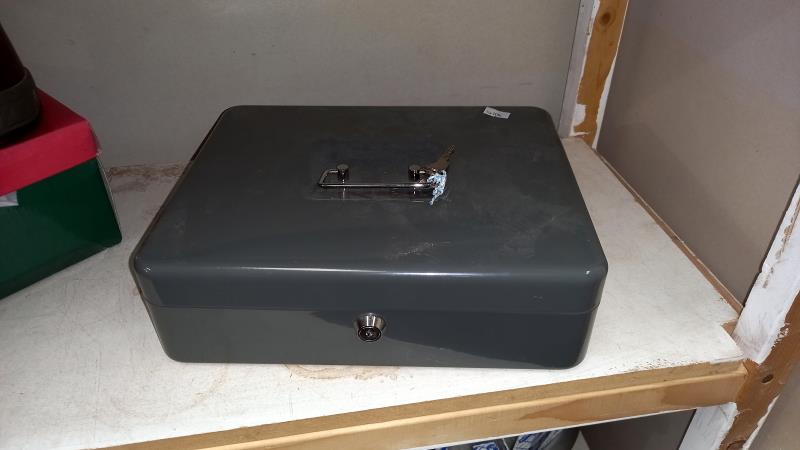 A cash box with keys, drill bits, accessories, new window kit, work boots size 10 etc (2 shelves) - Image 3 of 5