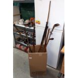 A quantity of wooden shaft golf clubs and a vintage Slazenger long bow L137cm - Collection only
